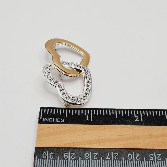 Vintage Monet Interlocking Hearts Brooch Gold Silver Tone Rhinestone - Picture 8 of 9